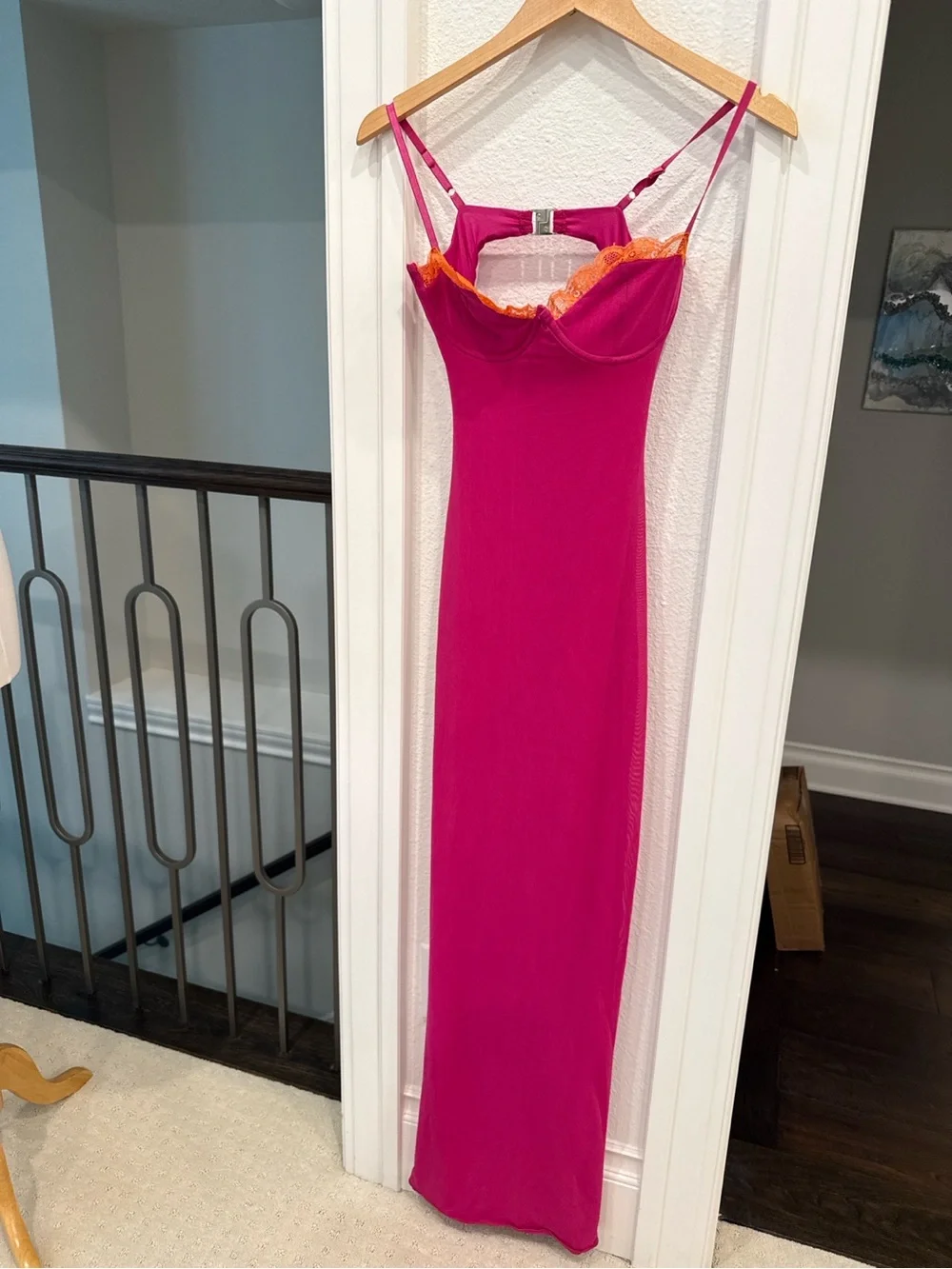 Outcast Fuchsia Bustier Maxi Dress Orange Lace Open Back Small - Picture 2 of 5
